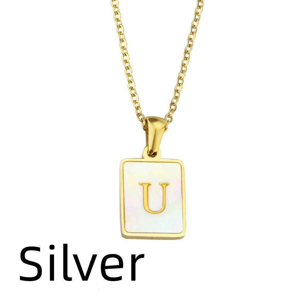 Amazon Popular Stainless Steel Square Shell 26 Letter Necklace Simple Fashion English Titanium Steel Pendant Necklace