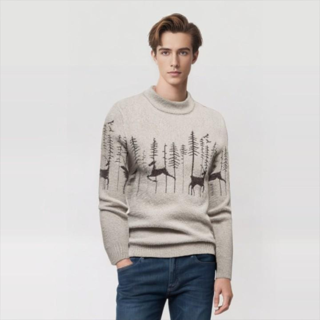 Christmas Sweater Men's Warm Deer Printed Round Neck Sweater