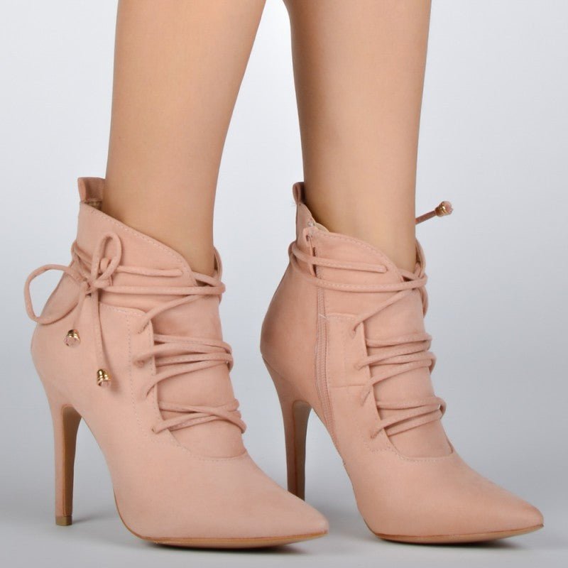 Pointed Stiletto Heel High Heels Solid Color Side Zipper Lace-up Booties