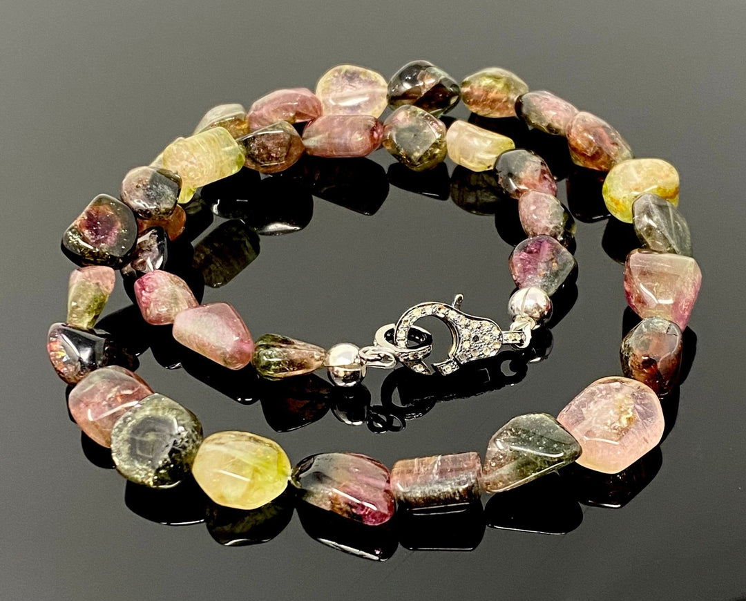 17.25” Natural Tourmaline Necklace with Pave Diamond Clasp, Bi Color